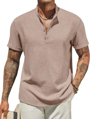 COOFANDY Men's Casual Linen Henley Shirts Short Sleeve Band Collar Summer Beach Vacation T-Shirts