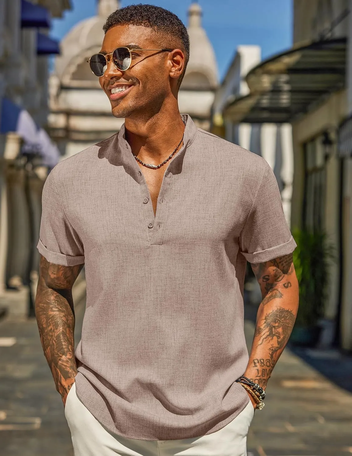COOFANDY Men's Casual Linen Henley Shirts Short Sleeve Band Collar Summer Beach Vacation T-Shirts