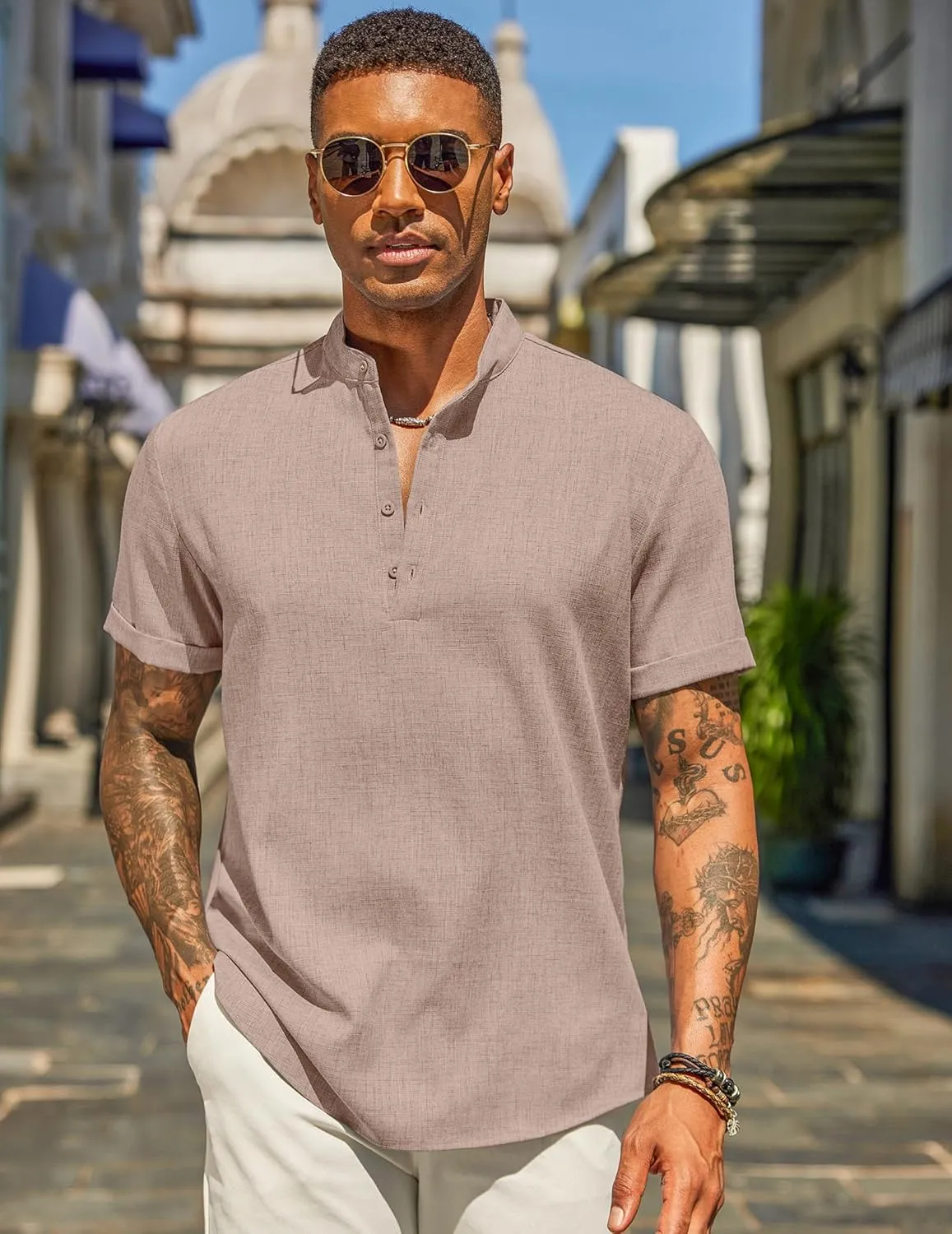 COOFANDY Men's Casual Linen Henley Shirts Short Sleeve Band Collar Summer Beach Vacation T-Shirts