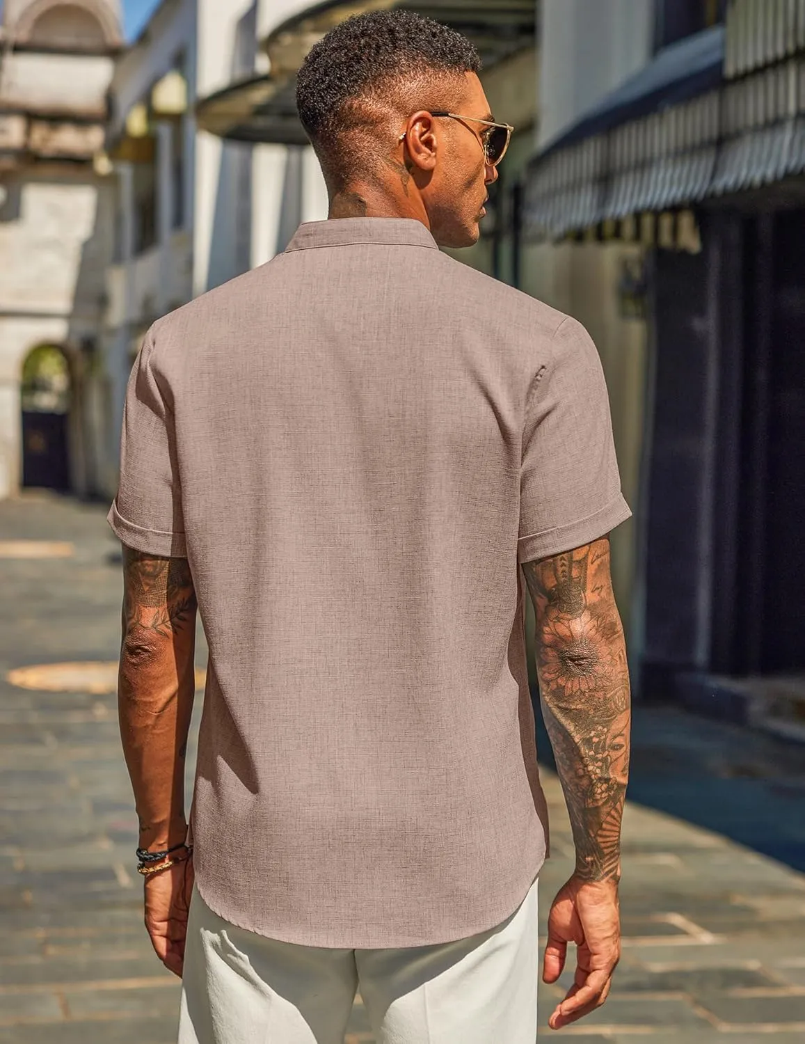 COOFANDY Men's Casual Linen Henley Shirts Short Sleeve Band Collar Summer Beach Vacation T-Shirts