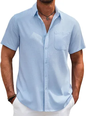 COOFANDY Men's Cotton Linen Shirts Short Sleeve Casual Shirts Summer Button Down Shirt Linen Beach Vacation Shirt