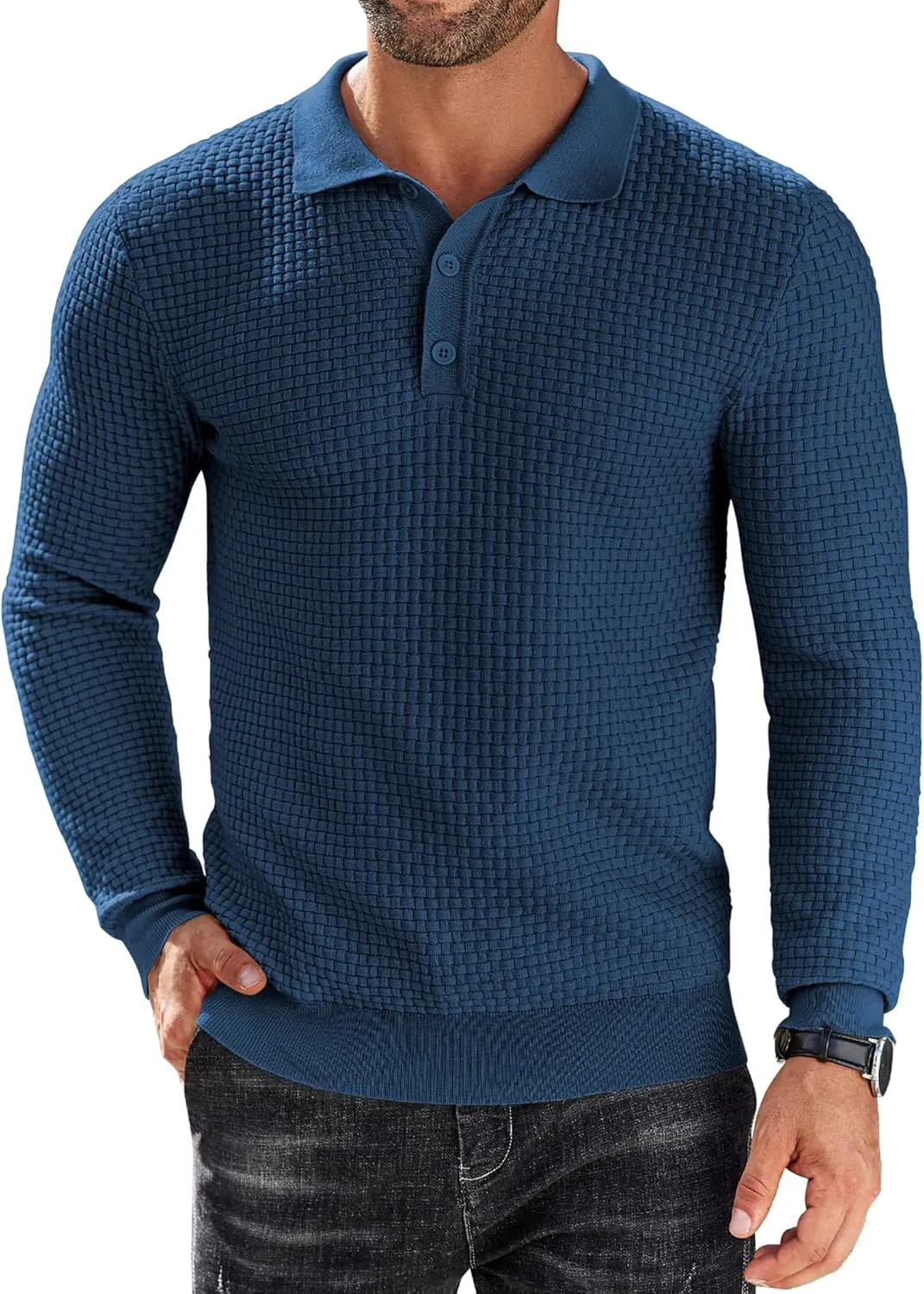 COOFANDY Men's Knit Polo Shirts Long Sleeve Sweater Polo Lightweight Fashion Casual Collared T Shirts
