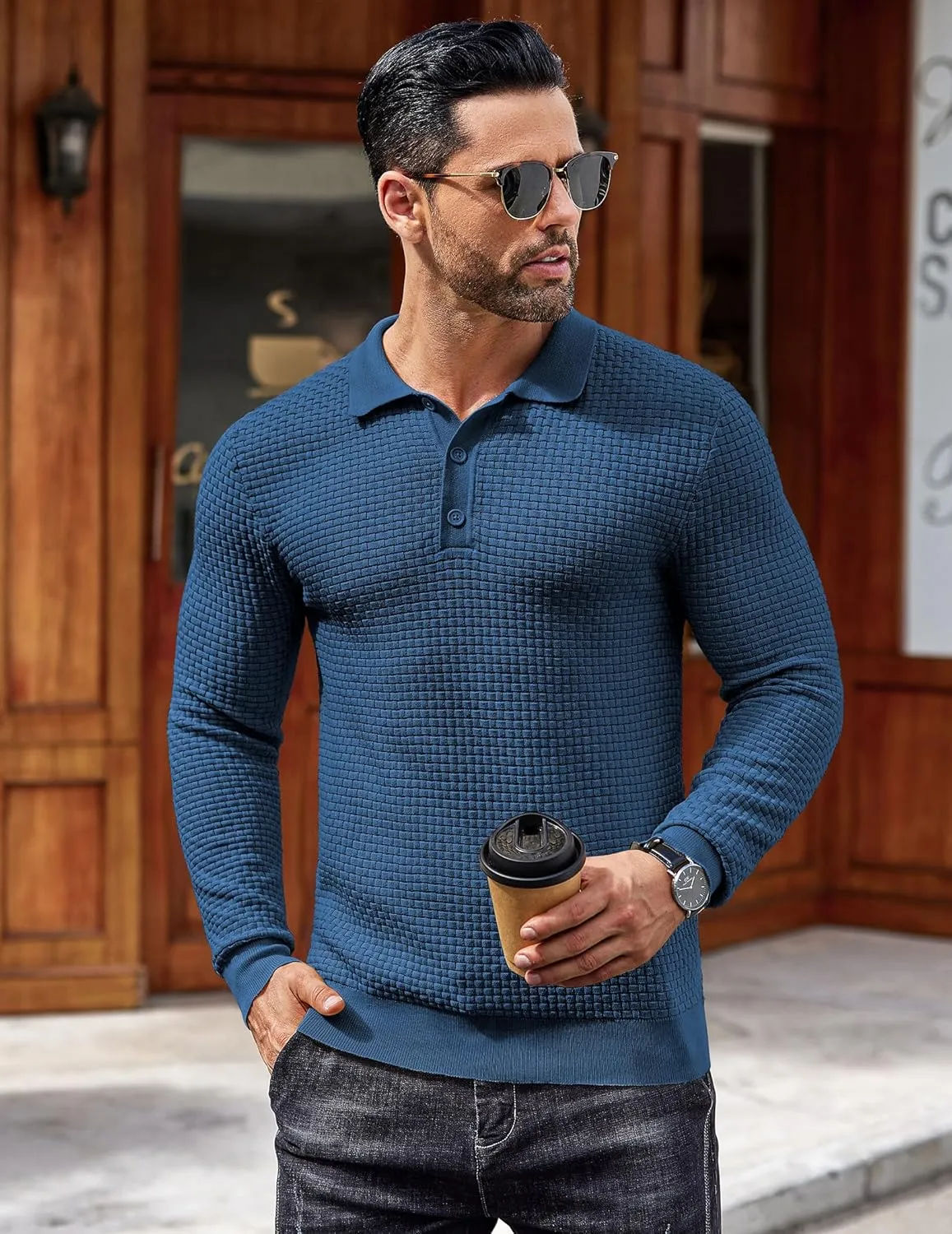 COOFANDY Men's Knit Polo Shirts Long Sleeve Sweater Polo Lightweight Fashion Casual Collared T Shirts