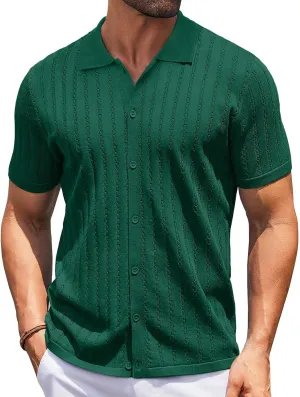 COOFANDY Men's Knit Shirts Short Sleeve Button Down Polo Shirt Vintage Casual Summer Beach Shirts