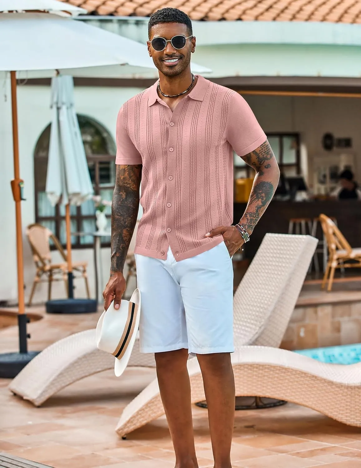 COOFANDY Men's Knit Shirts Short Sleeve Casual Button Down Polo Shirt Summer Beach Vacation Shirts