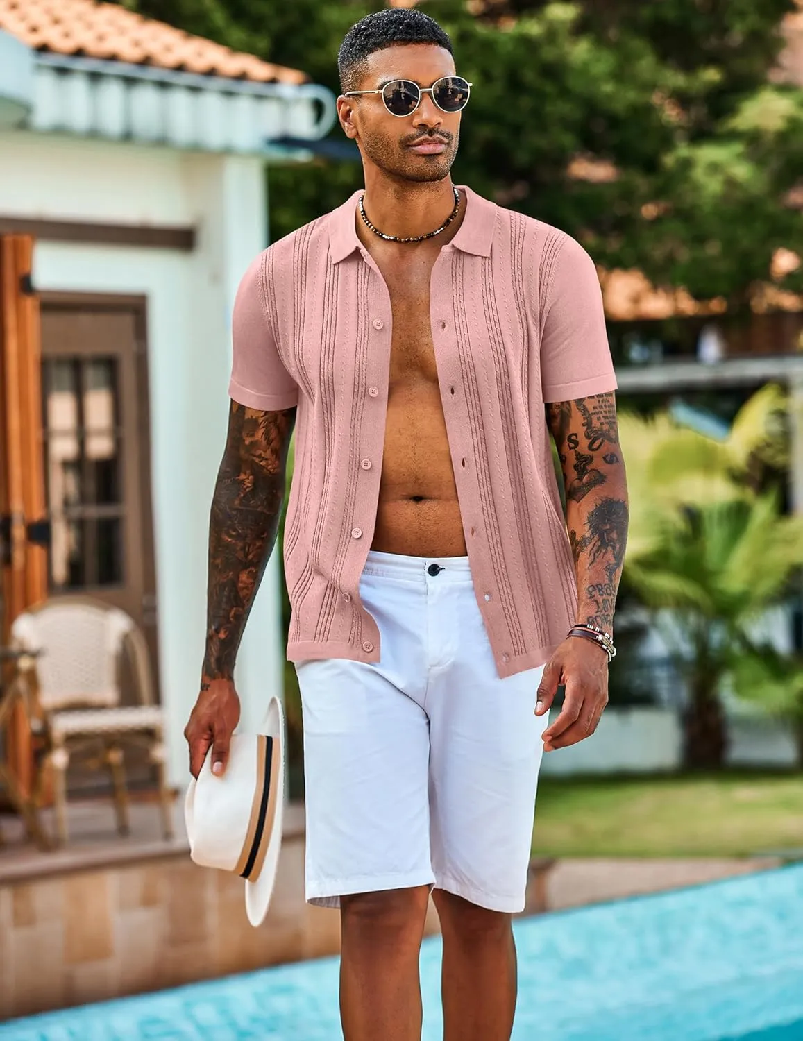 COOFANDY Men's Knit Shirts Short Sleeve Casual Button Down Polo Shirt Summer Beach Vacation Shirts