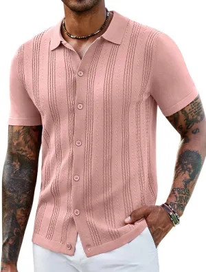 COOFANDY Men's Knit Shirts Short Sleeve Casual Button Down Polo Shirt Summer Beach Vacation Shirts