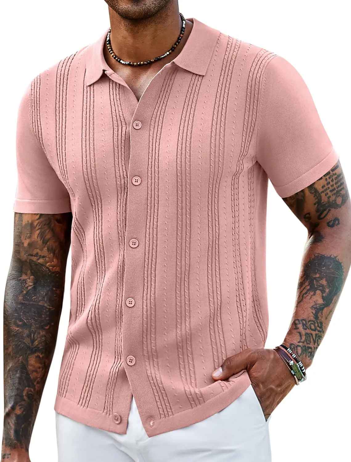COOFANDY Men's Knit Shirts Short Sleeve Casual Button Down Polo Shirt Summer Beach Vacation Shirts