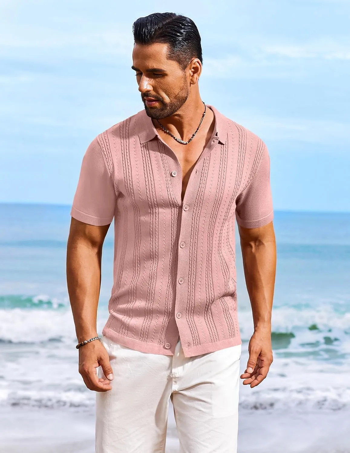 COOFANDY Men's Knit Shirts Short Sleeve Casual Button Down Polo Shirt Summer Beach Vacation Shirts