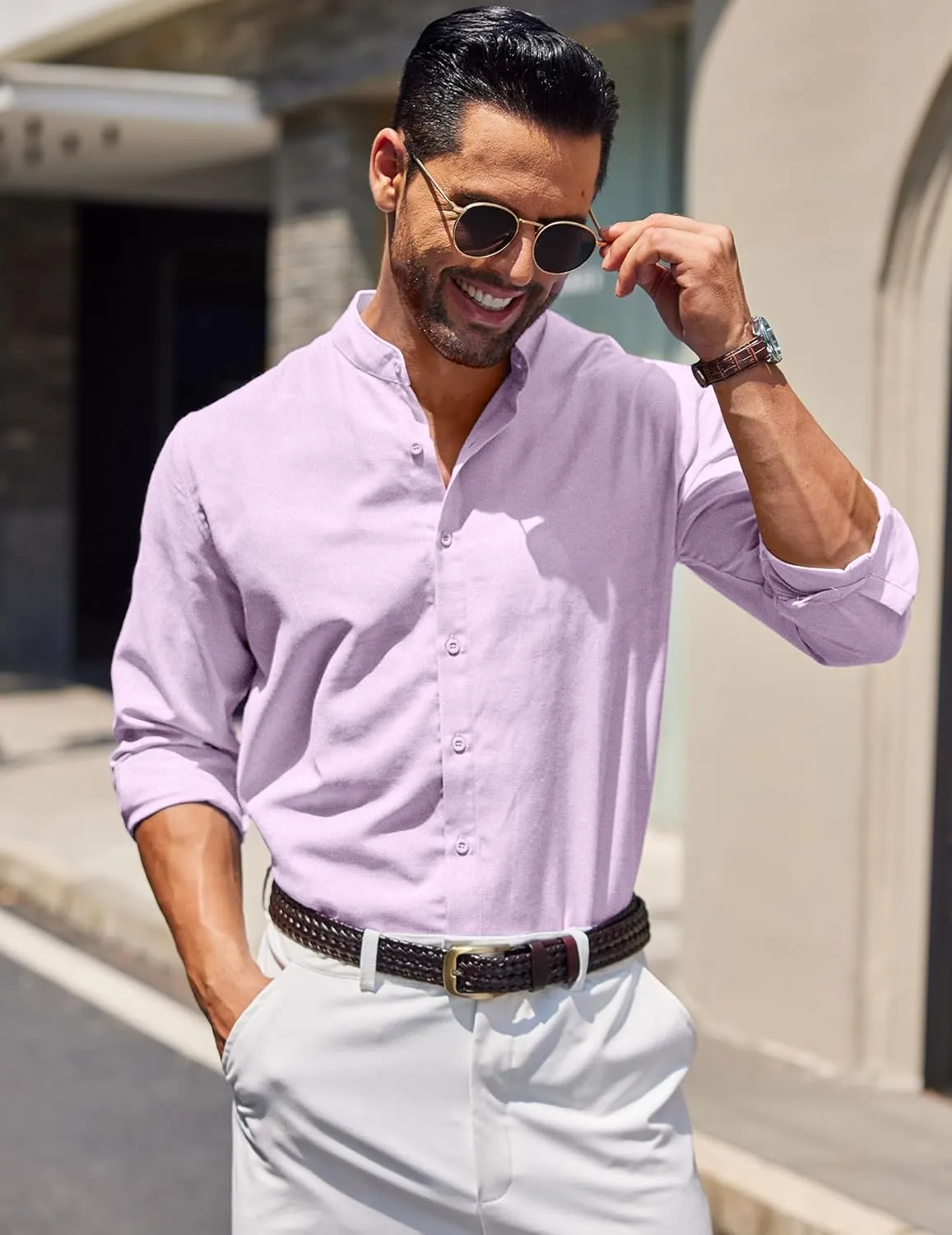 COOFANDY Men's Long Sleeve Oxford Dress Shirts Chambray Button Down Shirt Casual Band Collar Shirts