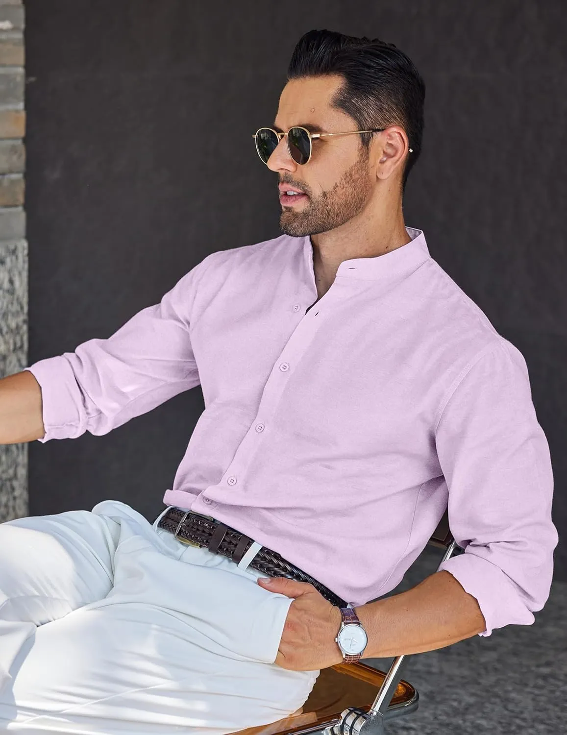COOFANDY Men's Long Sleeve Oxford Dress Shirts Chambray Button Down Shirt Casual Band Collar Shirts