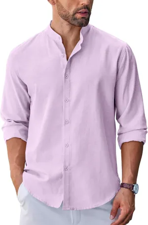 COOFANDY Men's Long Sleeve Oxford Dress Shirts Chambray Button Down Shirt Casual Band Collar Shirts