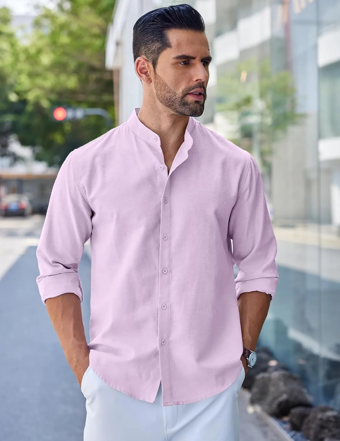 COOFANDY Men's Long Sleeve Oxford Dress Shirts Chambray Button Down Shirt Casual Band Collar Shirts