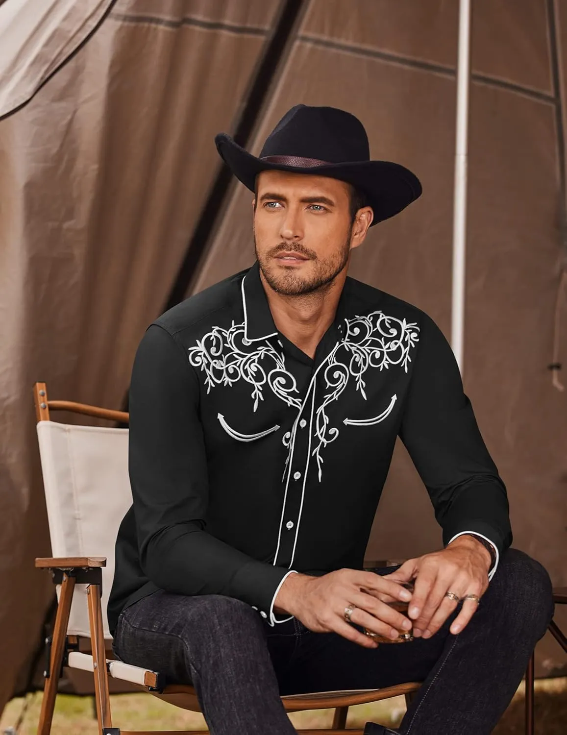 COOFANDY Men's Western Cowboy Shirts Long Sleeve Embroidered Shirt Slim Fit Casual Button Down Shirts