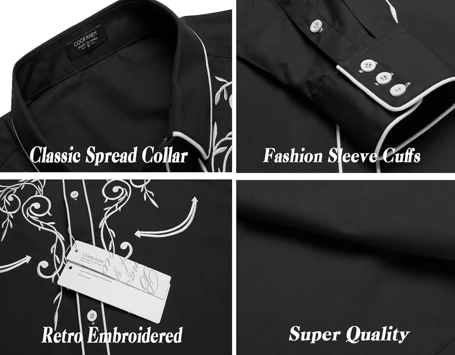 COOFANDY Men's Western Cowboy Shirts Long Sleeve Embroidered Shirt Slim Fit Casual Button Down Shirts