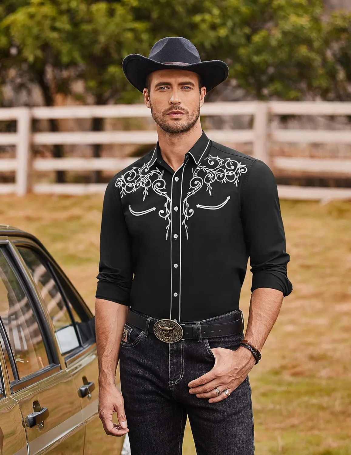 COOFANDY Men's Western Cowboy Shirts Long Sleeve Embroidered Shirt Slim Fit Casual Button Down Shirts