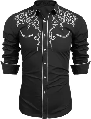 COOFANDY Men's Western Cowboy Shirts Long Sleeve Embroidered Shirt Slim Fit Casual Button Down Shirts