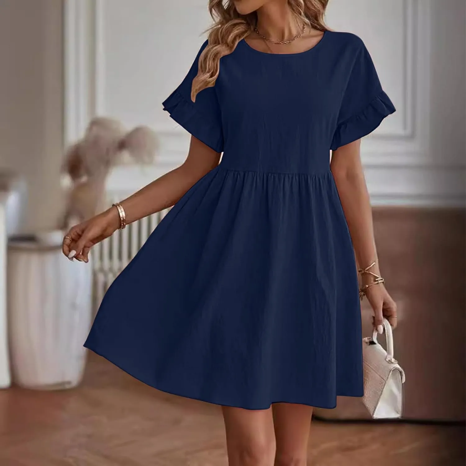 Cotton Linen Dresses for Women Casual Ruffle Sleeve Beach Dress Summer Round Neck A-Line Pleated Sundress