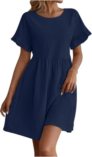 Cotton Linen Dresses for Women Casual Ruffle Sleeve Beach Dress Summer Round Neck A-Line Pleated Sundress