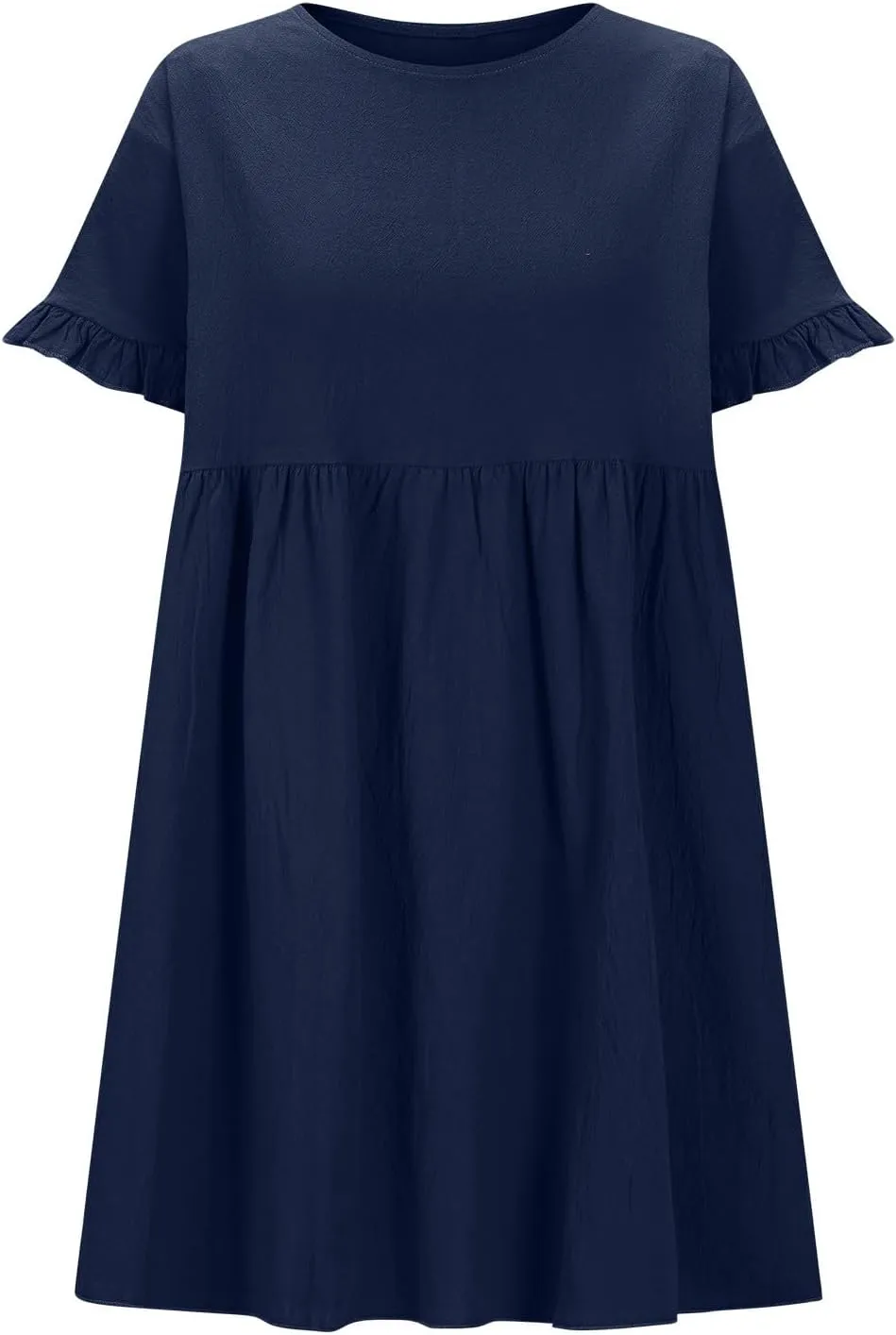 Cotton Linen Dresses for Women Casual Ruffle Sleeve Beach Dress Summer Round Neck A-Line Pleated Sundress