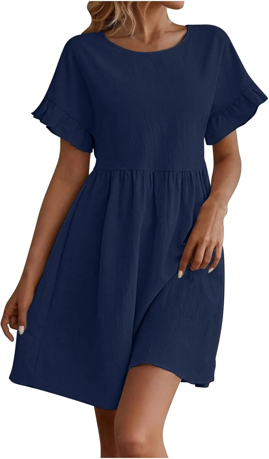 Cotton Linen Dresses for Women Casual Ruffle Sleeve Beach Dress Summer Round Neck A-Line Pleated Sundress