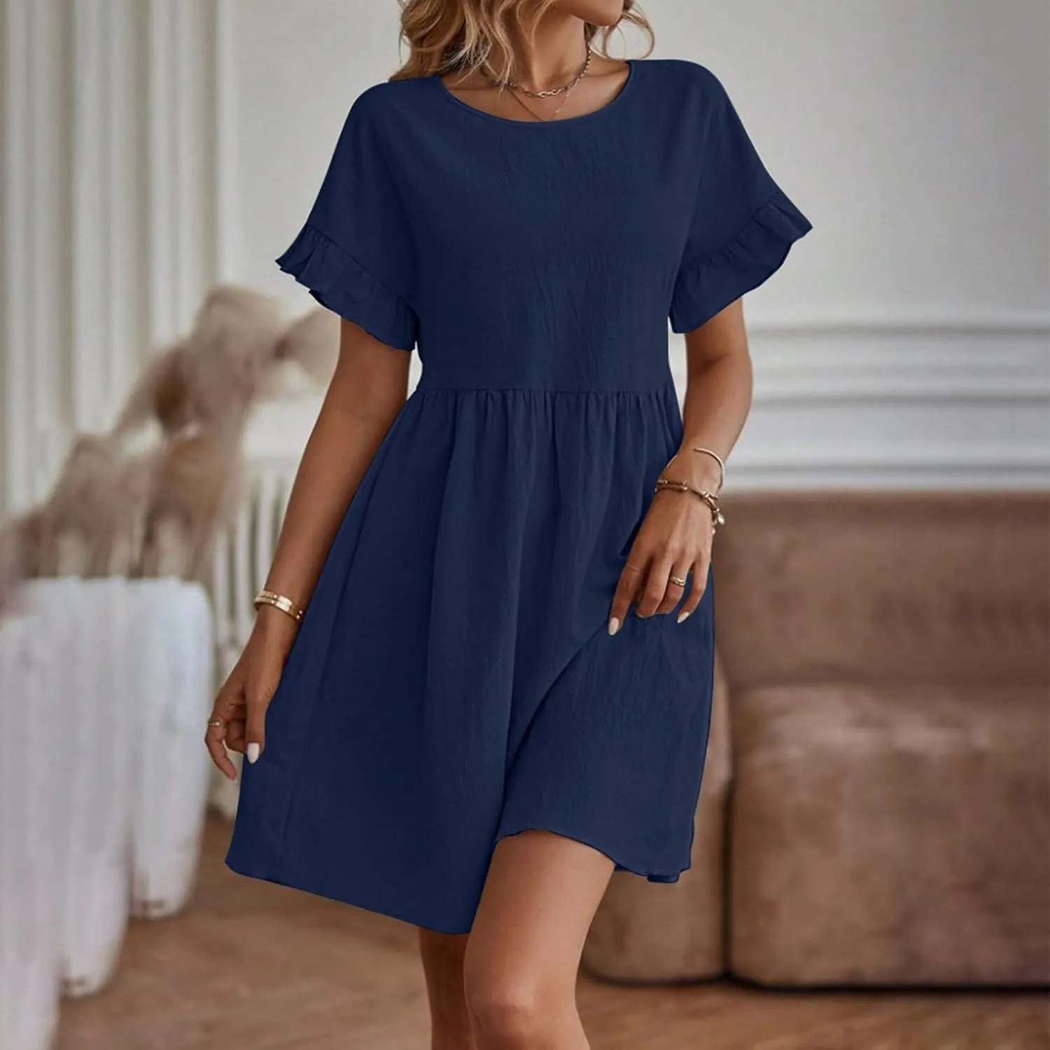 Cotton Linen Dresses for Women Casual Ruffle Sleeve Beach Dress Summer Round Neck A-Line Pleated Sundress