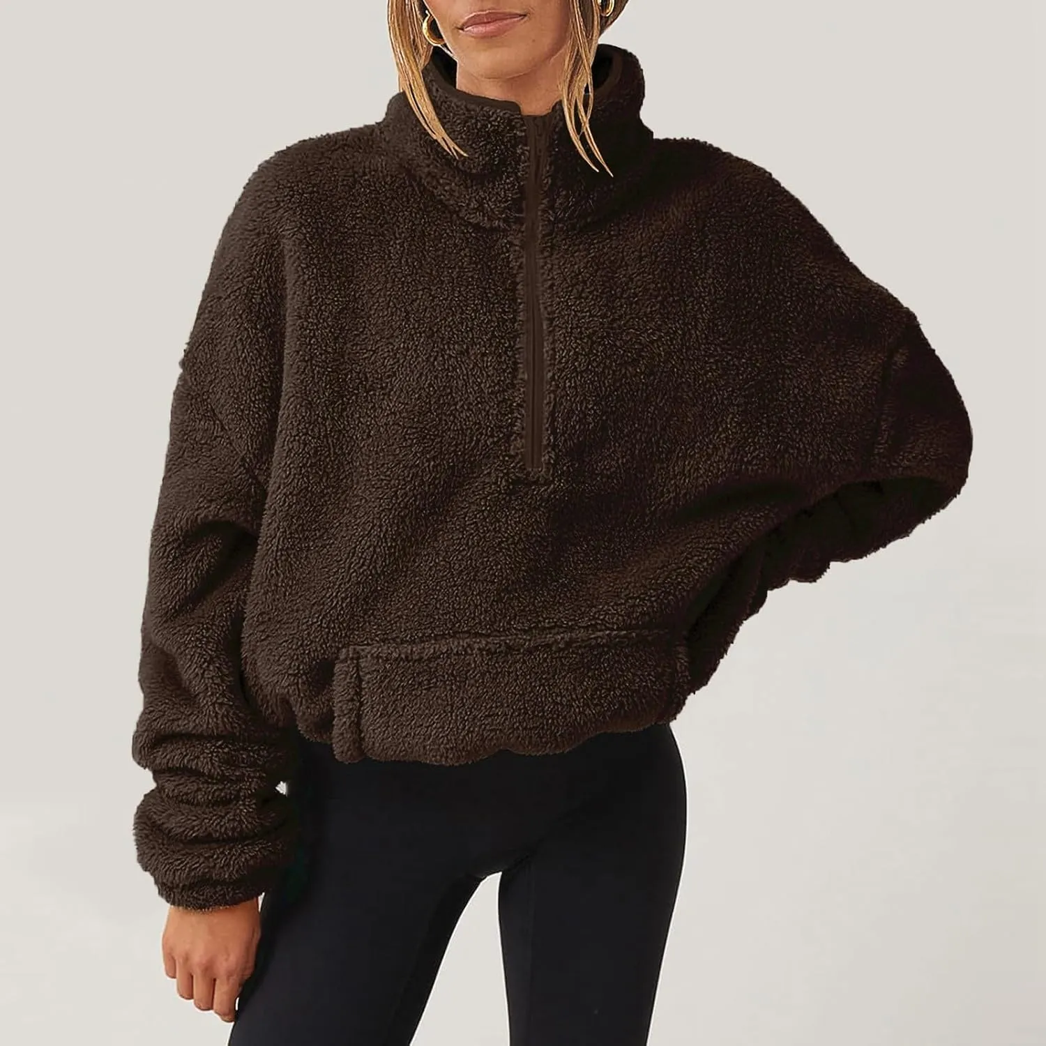 Cropped Half Zip Pullover Women Comfy Warm Sherpa Fleece Sweatshirt No Hood Quarter Zip Sweater with Pockets
