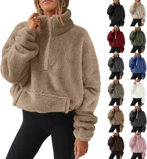 Cropped Half Zip Pullover Women Comfy Warm Sherpa Fleece Sweatshirt No Hood Quarter Zip Sweater with Pockets
