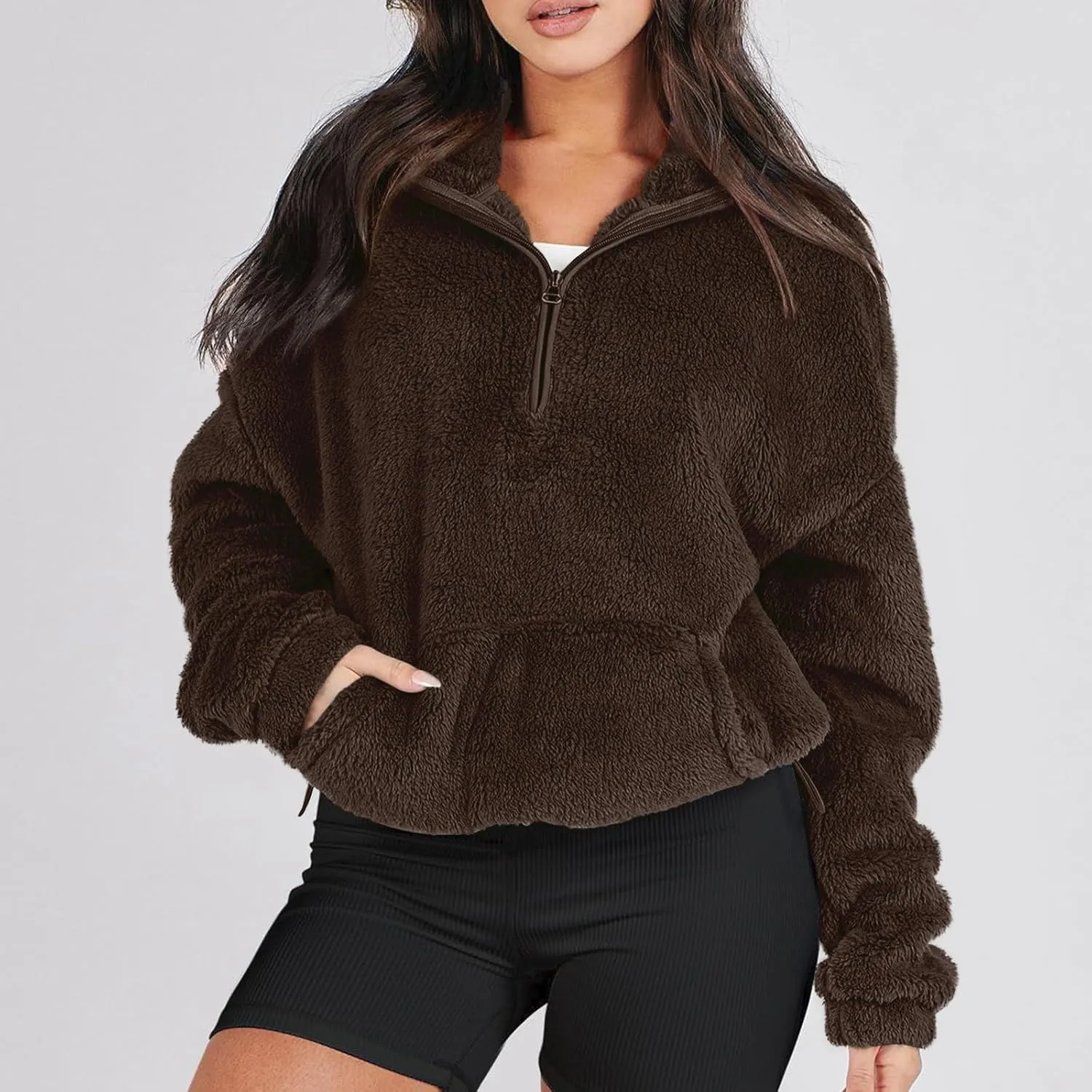 Cropped Half Zip Pullover Women Comfy Warm Sherpa Fleece Sweatshirt No Hood Quarter Zip Sweater with Pockets