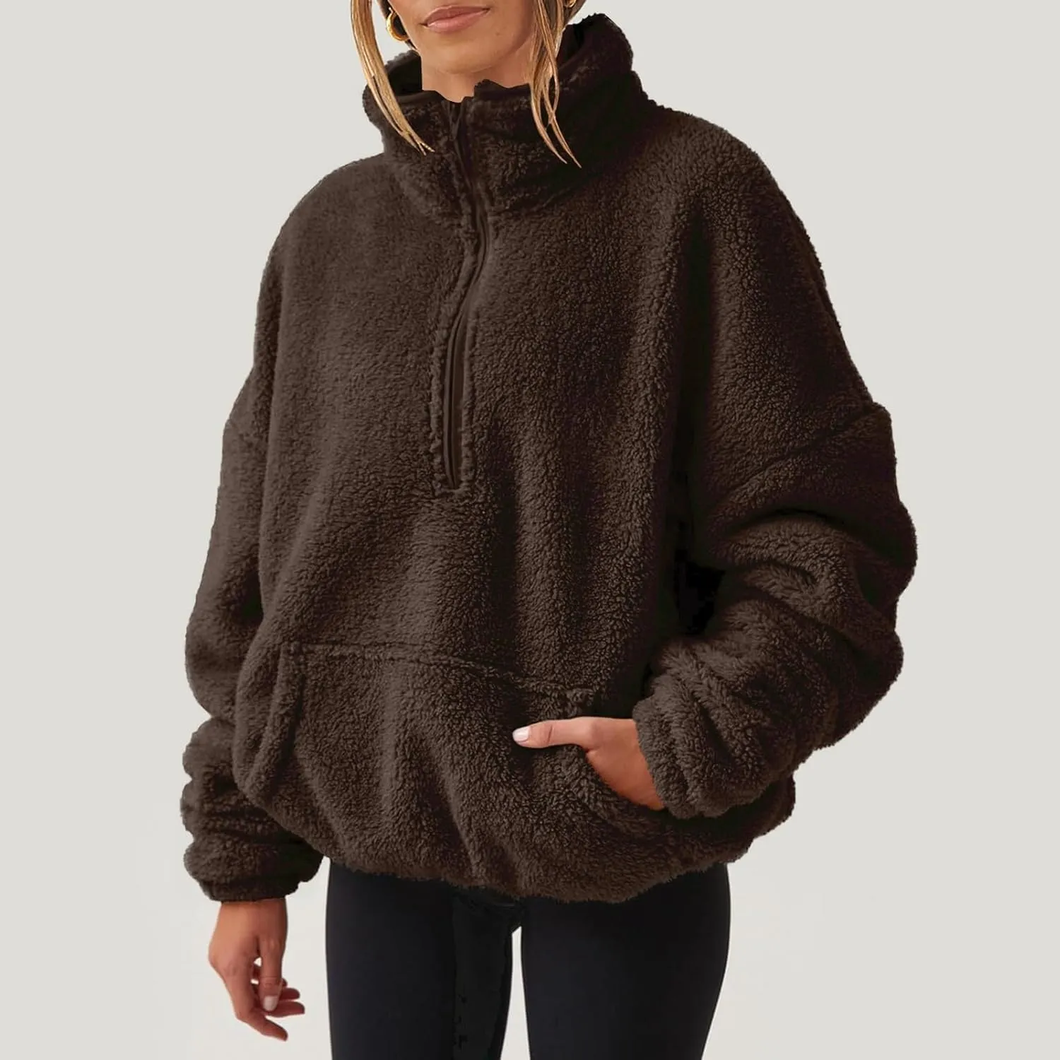 Cropped Half Zip Pullover Women Comfy Warm Sherpa Fleece Sweatshirt No Hood Quarter Zip Sweater with Pockets