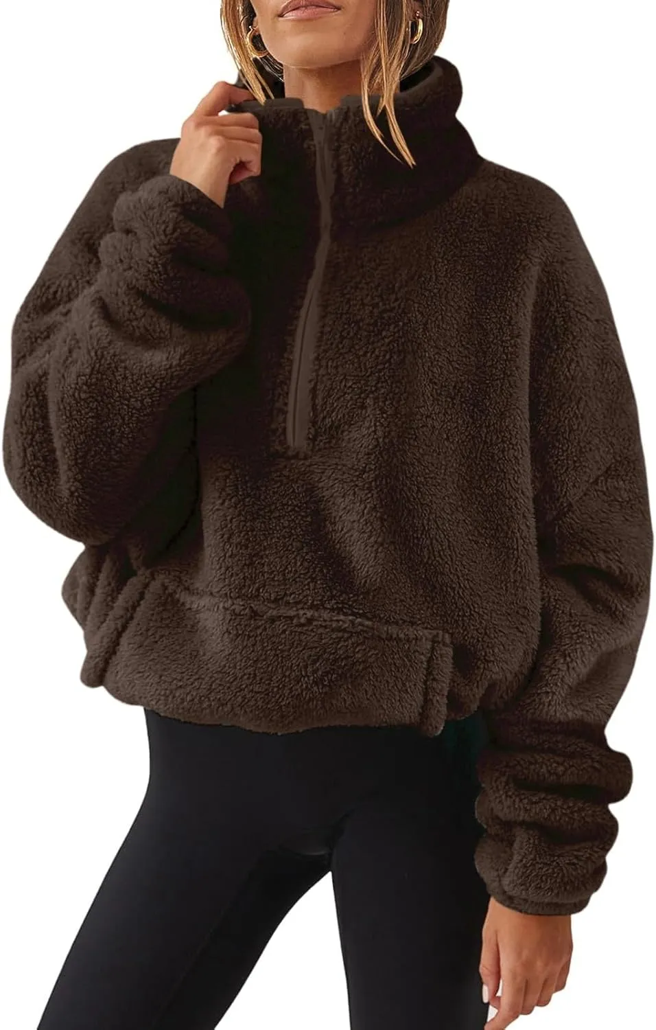 Cropped Half Zip Pullover Women Comfy Warm Sherpa Fleece Sweatshirt No Hood Quarter Zip Sweater with Pockets