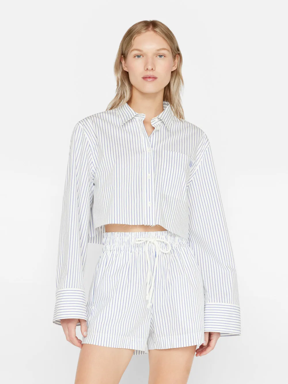 Cropped Wide Sleeve Shirt -- Cobalt Multi