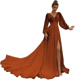CSYPJYT Women's Long Sleeve Wedding Dress for Bride Chiffon V Neck Beach Boho Bridal Gowns Prom Evening Dress with Slit