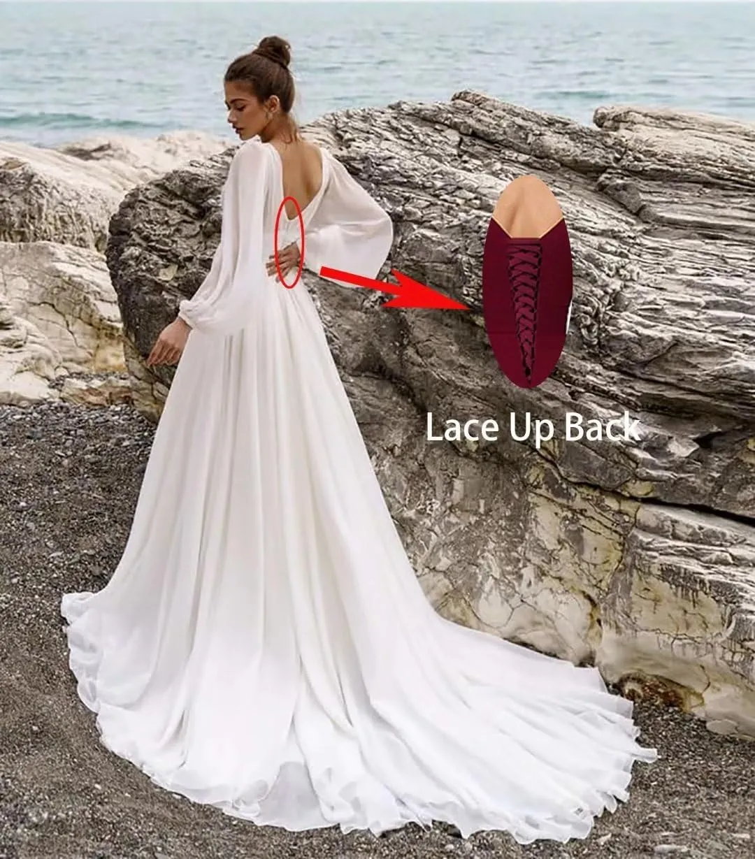 CSYPJYT Women's Long Sleeve Wedding Dress for Bride Chiffon V Neck Beach Boho Bridal Gowns Prom Evening Dress with Slit