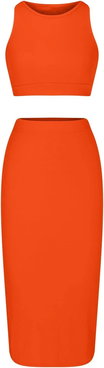 Curvy Summer Dresses for Women 2024 2 Piece Sexy Tank Top Side Slit High Waist Skirt Casual Trendy Bodycon Office