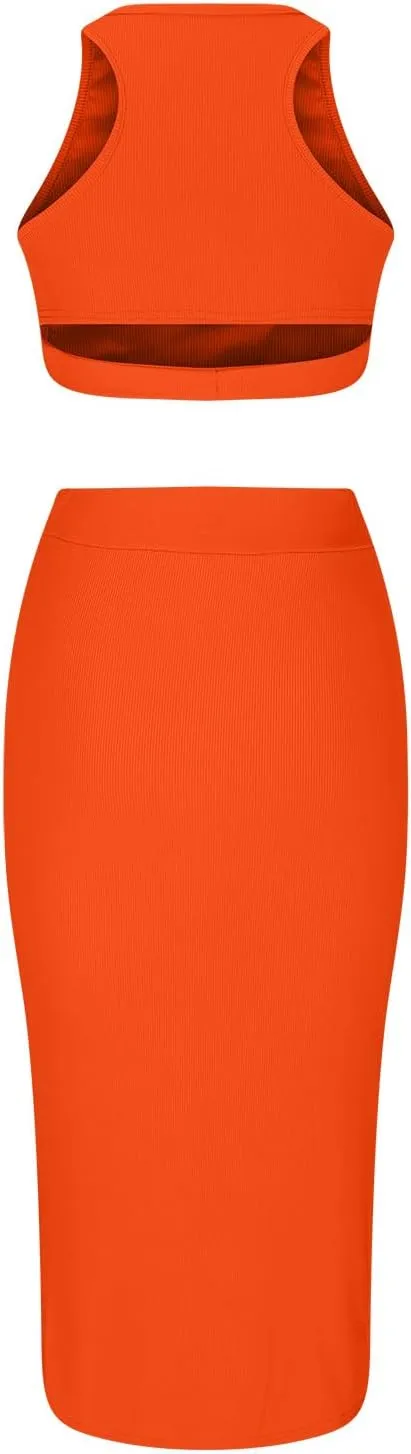 Curvy Summer Dresses for Women 2024 2 Piece Sexy Tank Top Side Slit High Waist Skirt Casual Trendy Bodycon Office