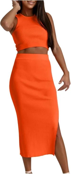 Curvy Summer Dresses for Women 2024 2 Piece Sexy Tank Top Side Slit High Waist Skirt Casual Trendy Bodycon Office