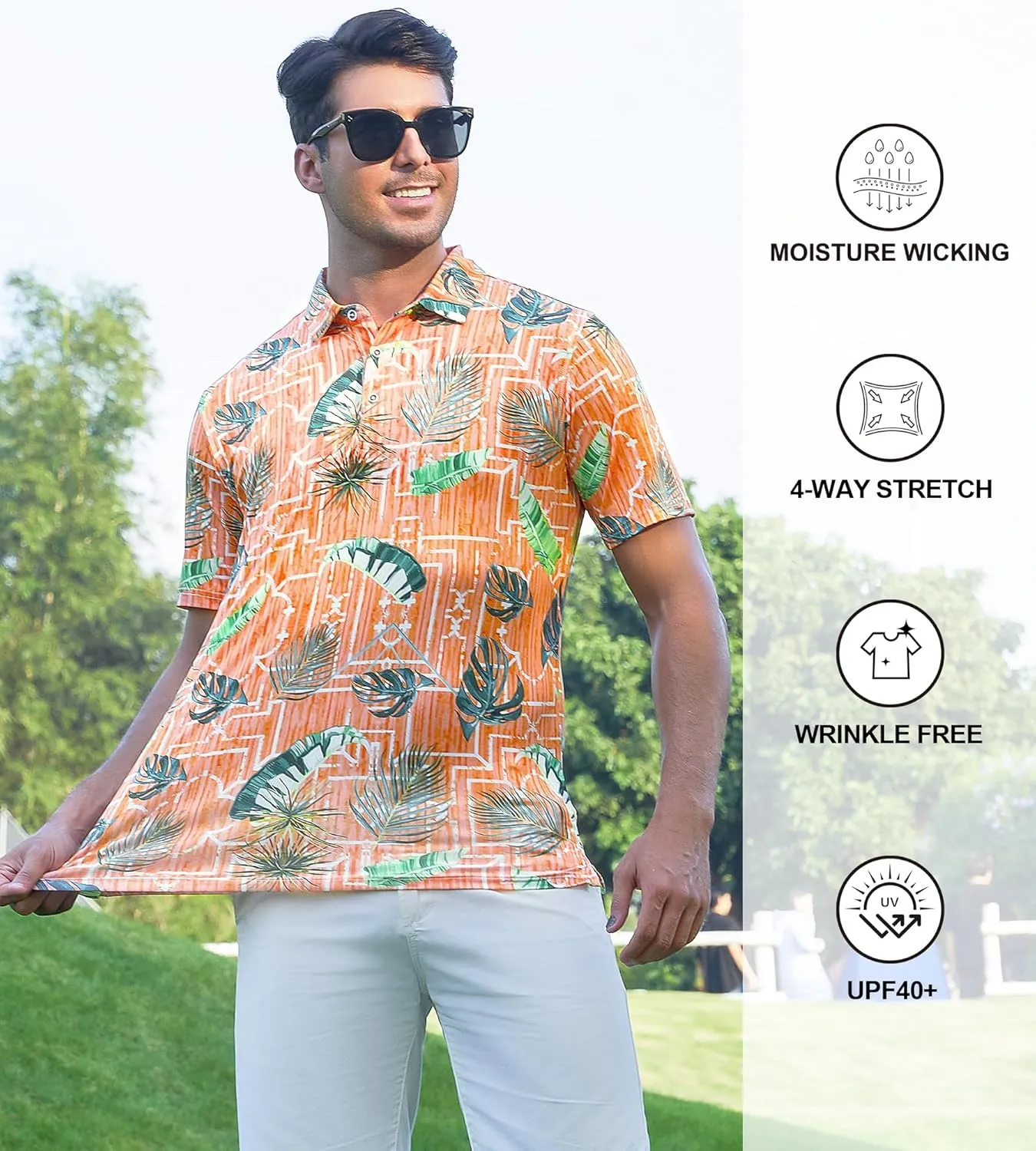 Damipow Mens Golf Shirts Dry Fit Polo Shirts Moisture Wicking Short Sleeve Hawaiian Polo Shirt