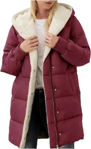 Dcvmvmn Women's Casual Down Jacket Thick Fleece Hooded Cotton Padded Coat Mid-Length Cotton Outwear Wine Red