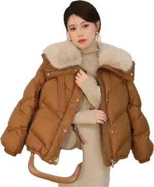 Dcvmvmn WomenS Cropped Quilted Down Coat Warm Down Cotton-Padded Jacket Puffer Parka Overcoat Khaki