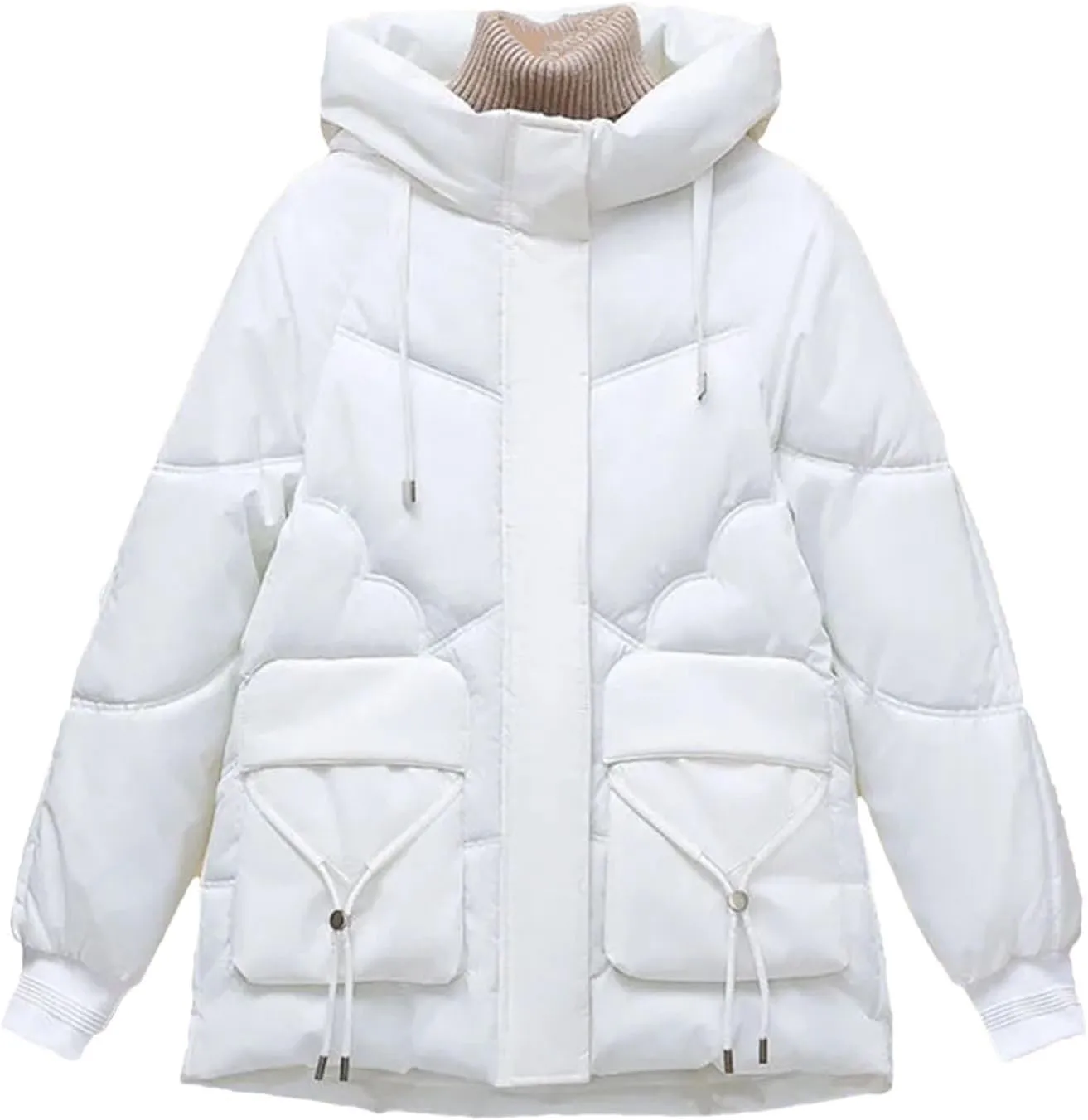 Dcvmvmn Women's Down Cotton-Padded Jacket Loose Warm Cotton Padded Parkas Coat Winter Thick Bread Outwear White