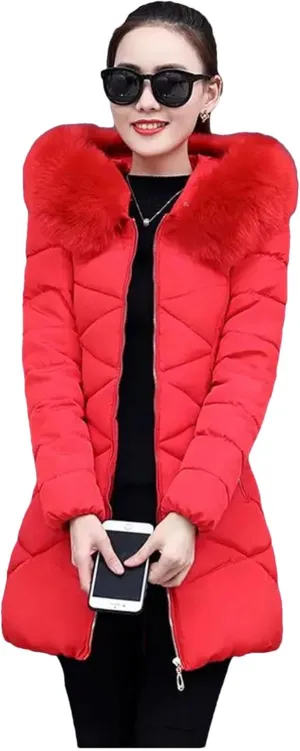 Dcvmvmn Women's Hooded Cotton Parkas Coat Thick Cotton Padded Jacket Long Down Parka Overwear Red