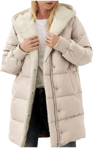 Dcvmvmn Women's Mid-Length Down Jacket Double-Sided Long-Sleeved Hooded Cotton-Padded Coats Slim-Fit Parkas Apricot