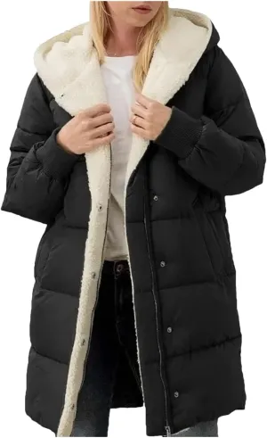 Dcvmvmn Women's Mid-Length Down Jacket Double-Sided Long-Sleeved Hooded Cotton-Padded Coats Slim-Fit Parkas Black