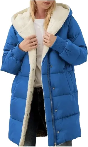 Dcvmvmn Women's Mid-Length Down Jacket Double-Sided Long-Sleeved Hooded Cotton-Padded Coats Slim-Fit Parkas Blue