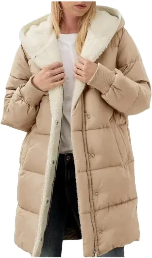 Dcvmvmn Women's Mid-Length Down Jacket Double-Sided Long-Sleeved Hooded Cotton-Padded Coats Slim-Fit Parkas Khaki