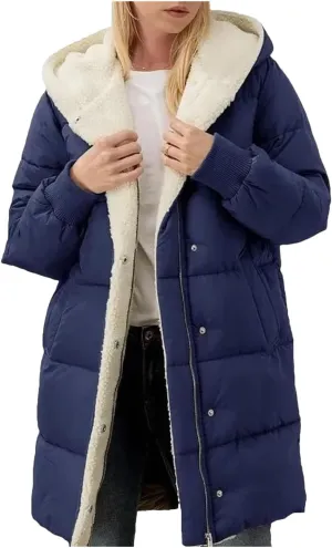 Dcvmvmn Women's Mid-Length Down Jacket Double-Sided Long-Sleeved Hooded Cotton-Padded Coats Slim-Fit Parkas Navy