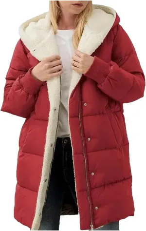 Dcvmvmn Women's Mid-Length Down Jacket Double-Sided Long-Sleeved Hooded Cotton-Padded Coats Slim-Fit Parkas Red