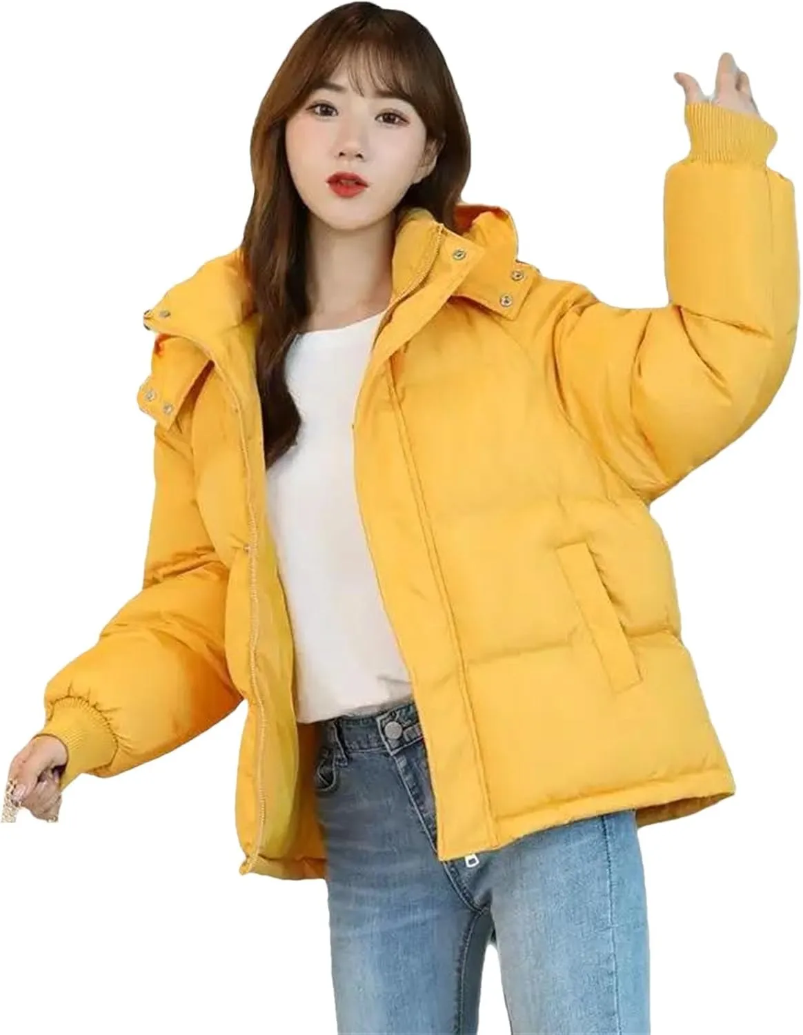 Dcvmvmn Women's Warm Down Jacket Winter Hooded Short Cotton Padded Outwear Female Loose Thicken Coat Yellow