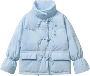 Dcvmvmn Women's Winter Cotton Coat Mock Neck Horn Button Thicken Cotton-Padded Jacket Loose Warm Outerwear Blue
